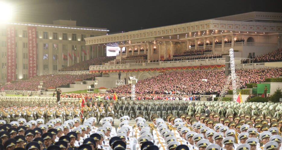 No obvious parade sounds in Pyongyang, but Kim Il Sung square illuminated