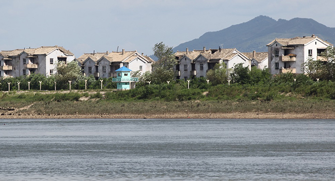 New border fence under construction on Wihwa Island near Sinuiju