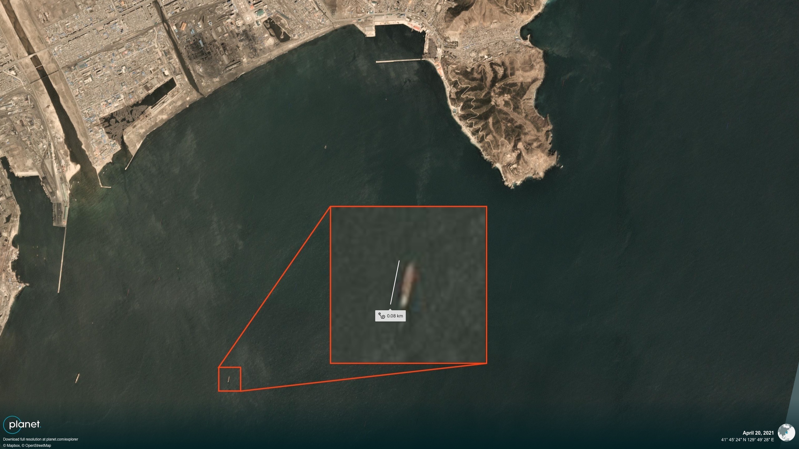 A vessel matching the An San 1’s profile outside of Chongjin, April 20, 2021 | Image: Planet Labs PBH, edited by NK Pro