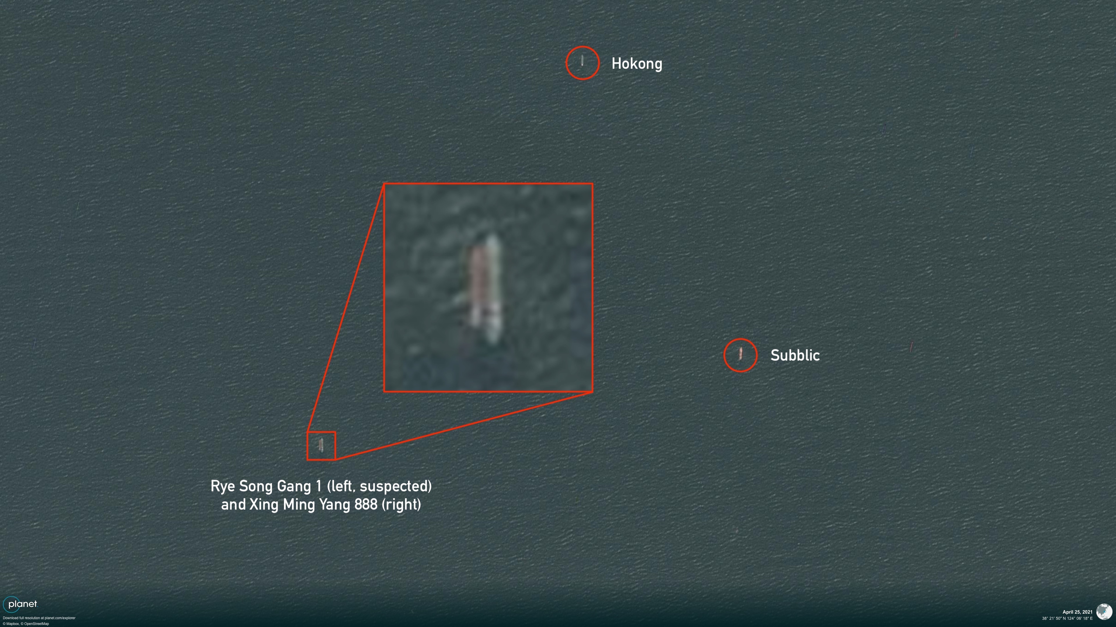 Three stateless vessels — the Xing Ming Yang 888, Hokong and Subblic — idle 60 miles off North Korea’s west coast on April 25, 2021. The Xing Ming Yang 888 appears to engage in a ship-to-ship transfer with the DPRK-flagged Rye Song Gang 1. | Image: Planet Labs, PBH (edited by NK Pro)