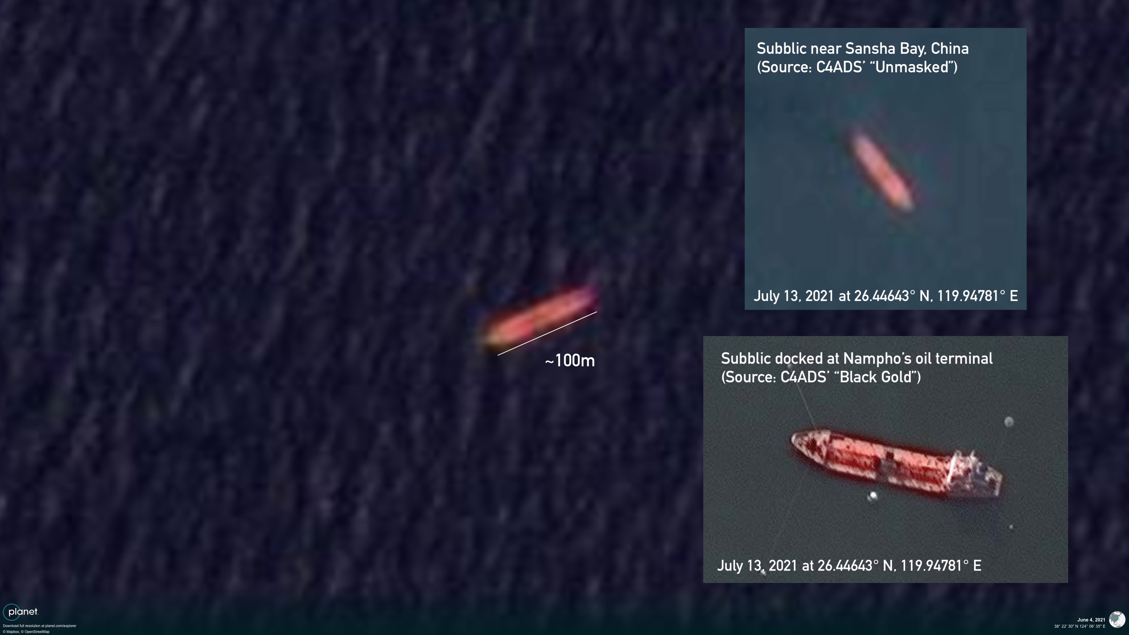 The Subblic returned to the same rendezvous point in the Korea Bay in early June | Image: Planet Labs, PBH (edited by NK Pro)