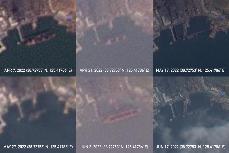 Low-resolution satellite imagery shows several vessels docked at a coal quay in Nampho in the second quarter of 2022 | Images: Planet Labs PBH, edited by NK Pro