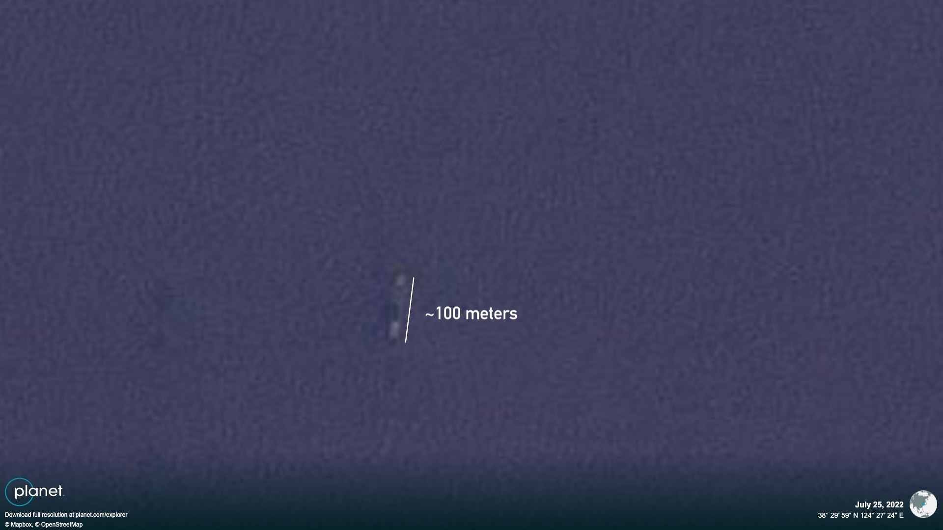 Low-resolution satellite imagery shows a vessel likely broadcasting as the Shan He on July 25, 2022. The vessel’s length in maritime databases is 80 meters. | Image: Planet Labs PBH, edited by NK Pro