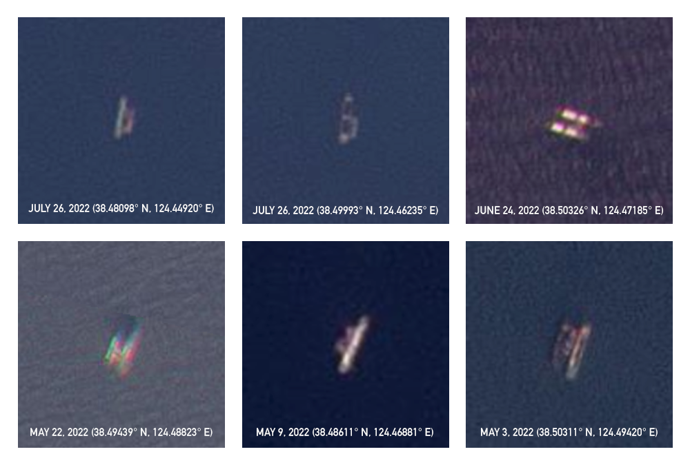 Possible ship-to-ship transfers 35 nautical miles from Nampho’s lock gates between May and July, 2022 | Images: Planet Labs PBH, edited by NK Pro