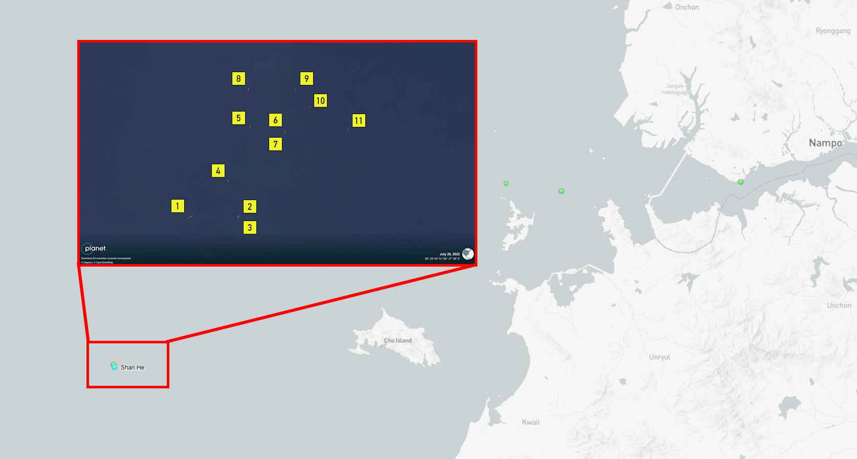 Terrestrial AIS data on July 26, 2022 shows only two vessels within the red rectangle, while satellite imagery on the same date shows at least 11 ships | Images: MarineTraffic and Planet Labs PBH, edited by NK Pro